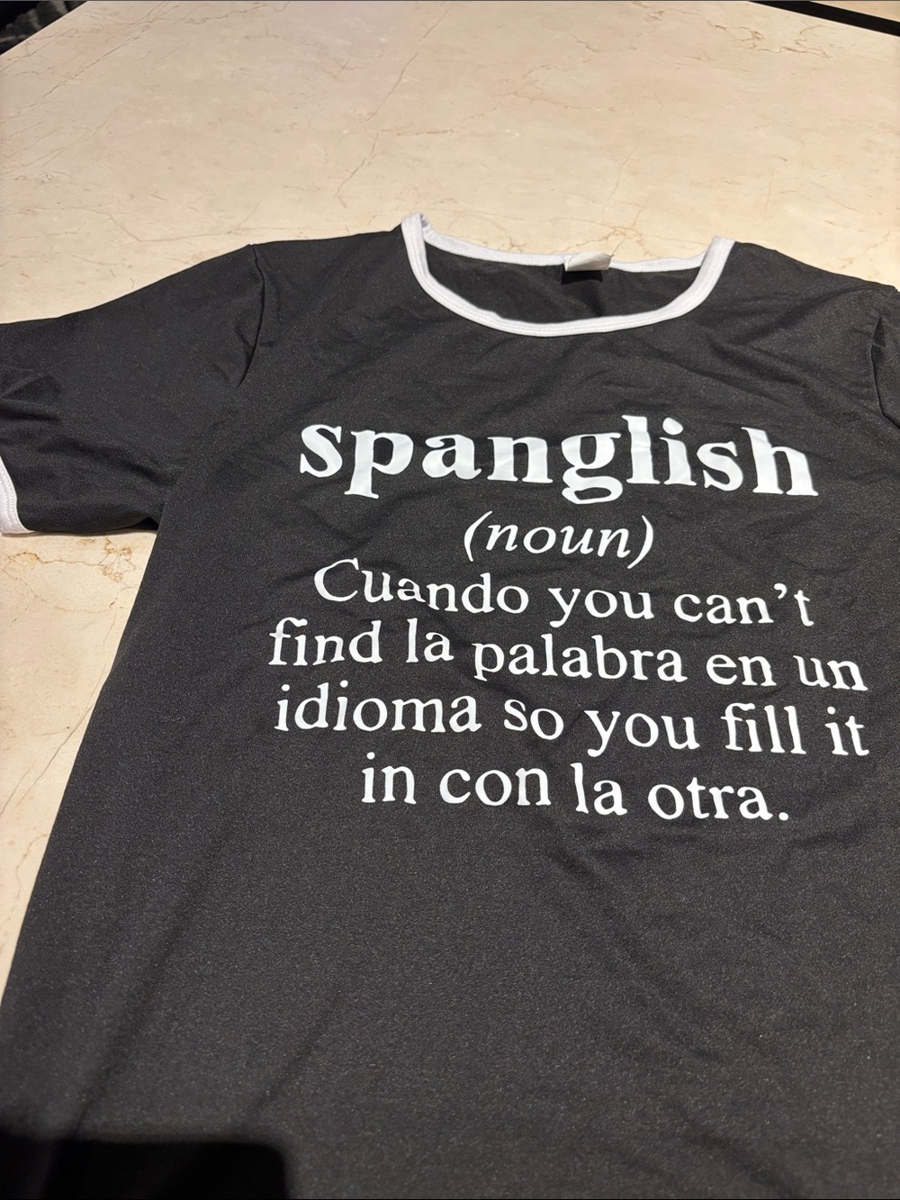 Spanglish Graphic Ringer T-Shirt - Black with White Trim - Picture 2 of 7